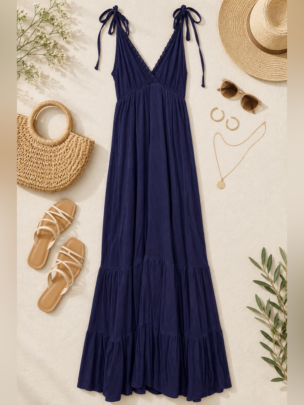 Miami Navy Blue Tie Shoulder Crochet Trim Tiered Maxi Dress Size S